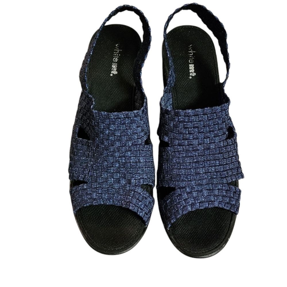 White Mt Navy Woven Open Toe Slingback Wedge Sandals Womens Sz 11 Stretch Casual - Picture 5 of 12